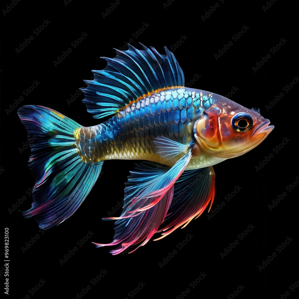A vibrant, colorful fish with flowing fins against a black background. A vibrant, colorful fish with flowing fins against a black background.