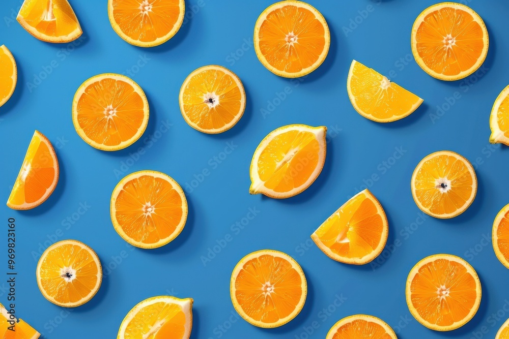A stack of halved oranges resting atop a green-and-yellow background surrounded by foliage. Beautiful simple AI generated image A stack of halved oranges resting atop a green-and-yellow background surrounded by foliage. Beautiful simple AI generated image