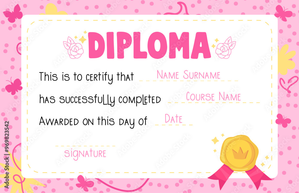 Cute pink kids diploma template with wax seal imitation. Girl congratulation blank. Stock vector illustration in flat style. Cute pink kids diploma template with wax seal imitation. Girl congratulation blank. Stock vector illustration in flat style.