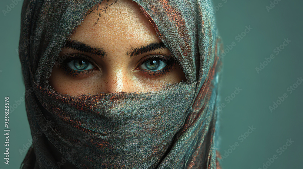 Naklejka premium Mysterious Arabic Woman in Headscarf with Intense Eyes, Cultural Portrait, Middle Eastern Fashion, Emotional Expression, Traditional Clothing, Close-Up