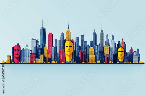 A vibrant illustration of a city skyline where the buildings morph into anonymous masks representing urban anonymity. photo