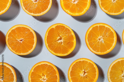  A stack of halved oranges resting atop a green-and-yellow background surrounded by foliage. Beautiful simple AI generated image