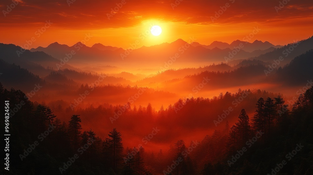 Obraz premium Sunrise Over Misty Mountains with Silhouetted Trees