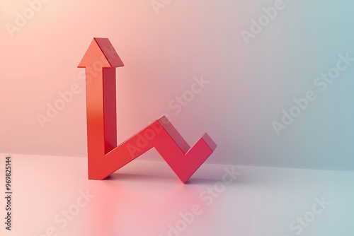 A red 3D arrow pointing upward on a minimalist pink background, symbolizing growth, progress, and direction photo