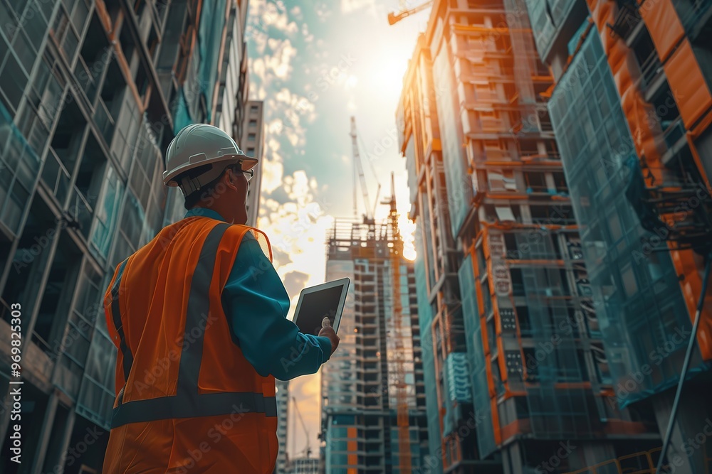 A construction worker in a helmet using a tablet while inspecting a high-rise building site during sunrise A construction worker in a helmet using a tablet while inspecting a high-rise building site during sunrise