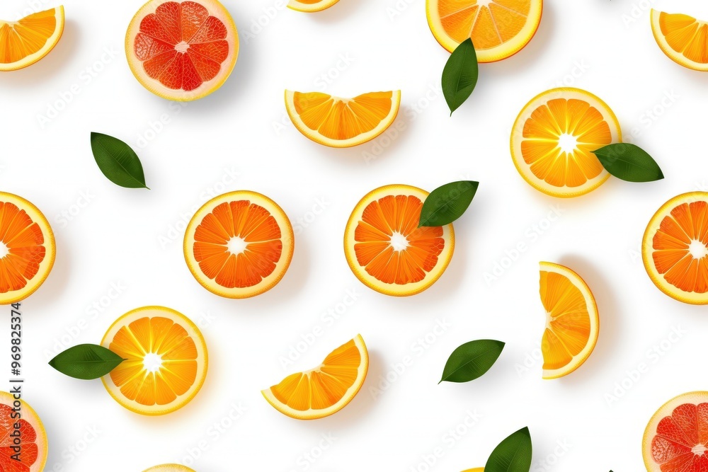   A stack of halved oranges resting atop a green-and-yellow background surrounded by foliage. Beautiful simple AI generated image