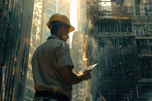 A construction worker in a helmet using a tablet while inspecting a high-rise building site during sunrise photo