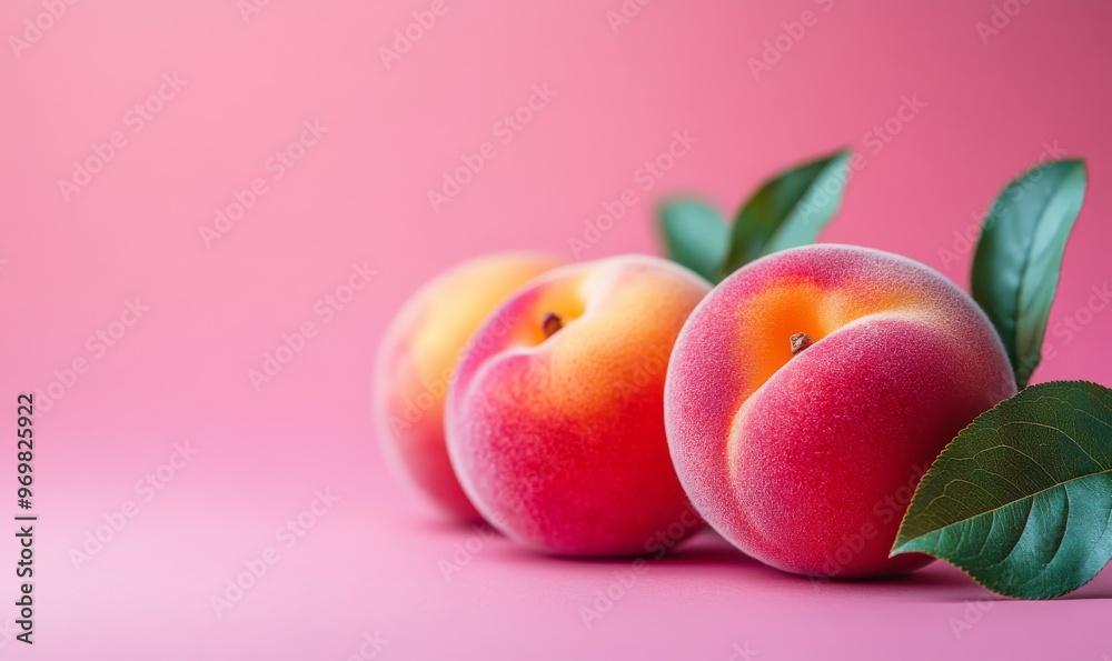 Three Ripe Peaches With Green Leaves Arranged on a Soft Pink Background in Natural Light Three Ripe Peaches With Green Leaves Arranged on a Soft Pink Background in Natural Light