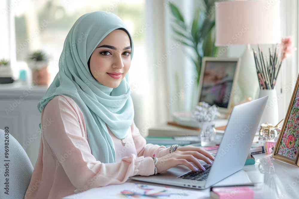 Young entrepreneur wearing a hijab smiles as she works on her laptop in her home office Young entrepreneur wearing a hijab smiles as she works on her laptop in her home office