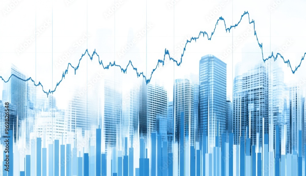 A stock market chart showing an upward trend, with buildings in the background and a blue color theme against a white sky Generative AI A stock market chart showing an upward trend, with buildings in the background and a blue color theme against a white sky Generative AI