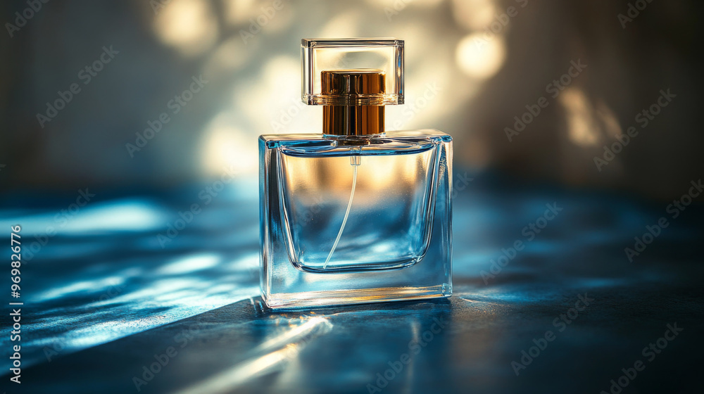 Perfume bottle. Blank labeled. Blue and gold tones. Elegant luxury scent bottle. Eau de toilette, fragrance, fashion, lifestyle. Room for copy space. Perfume bottle. Blank labeled. Blue and gold tones. Elegant luxury scent bottle. Eau de toilette, fragrance, fashion, lifestyle. Room for copy space.