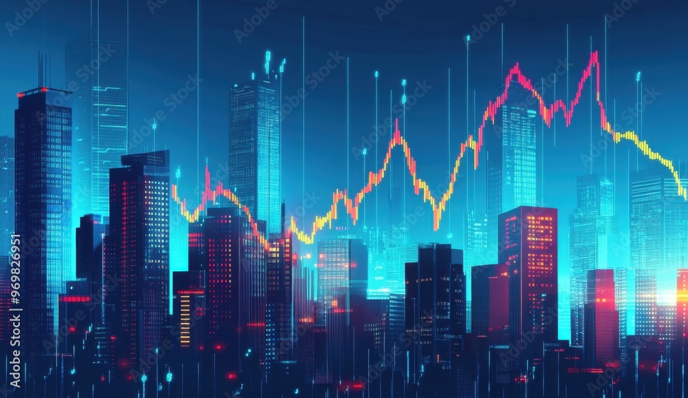 Stock market graph going up on a blue background with skyscrapers in the foreground Generative AI Stock market graph going up on a blue background with skyscrapers in the foreground Generative AI