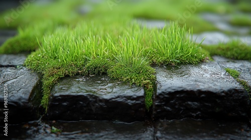 Green Grass Growing Between Wet Stone Pavers photo