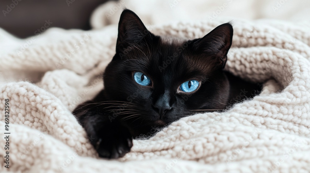 Black cat with blue eyes nestled in Black cat with blue eyes nestled in