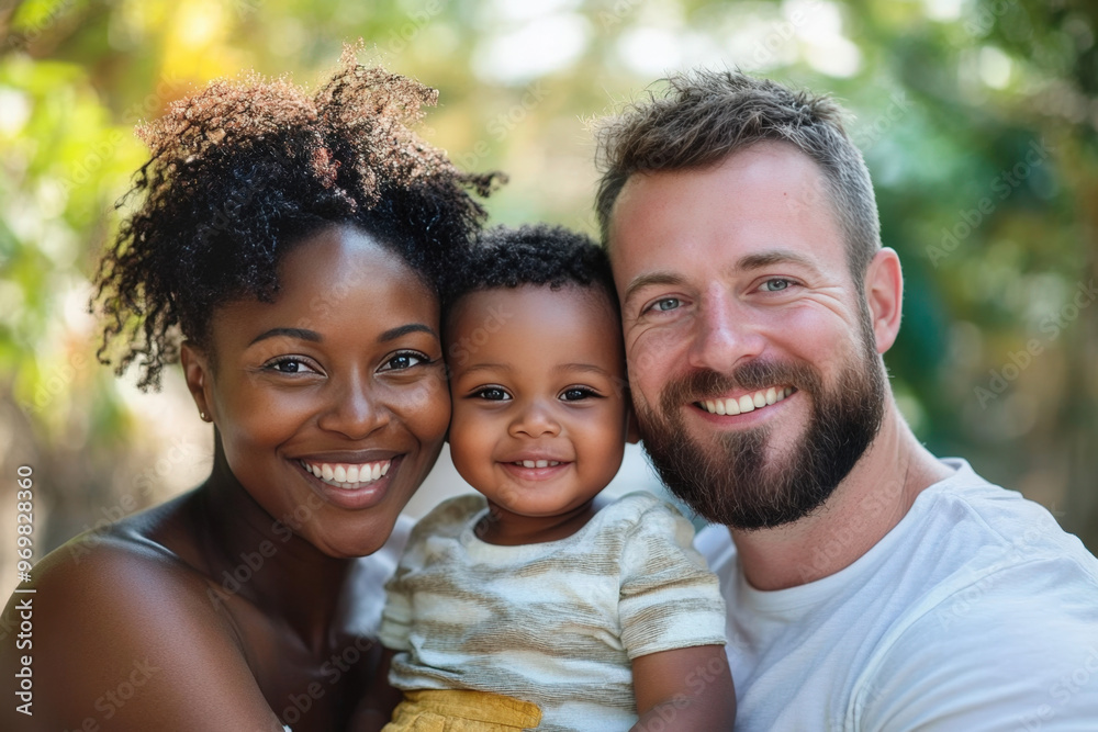 Young multiracial family is enjoying a beautiful day outdoors in a park setting Young multiracial family is enjoying a beautiful day outdoors in a park setting
