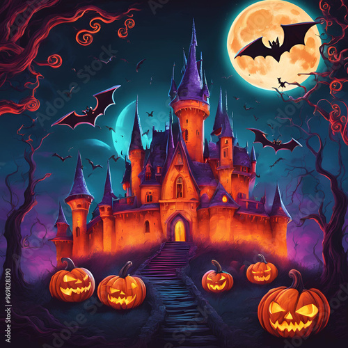 Illustration of night scenery with castle, bats and halloween pumpkins in autumn season photo