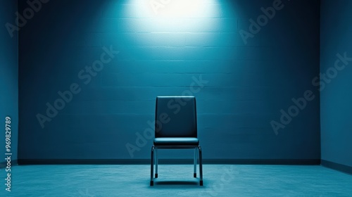 A single chair placed in the center of a dimly lit room, highlighting themes of isolation, simplicity, and solitude. Ideal for concepts related to loneliness, introspection, and minimalism. photo