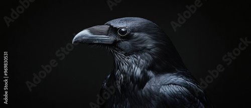Raven Portrait on Black Background.