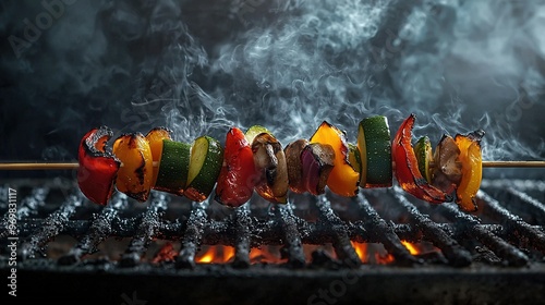   A detailed photo of a skewer of food grilling with smoke emanating from above