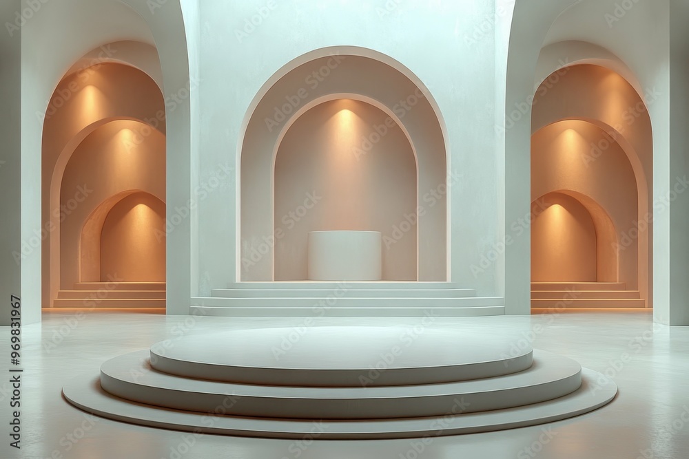 A minimalist concert hall with curved acoustics in 3D rendered minimalist style with empty circle podium. A minimalist concert hall with curved acoustics in 3D rendered minimalist style with empty circle podium.