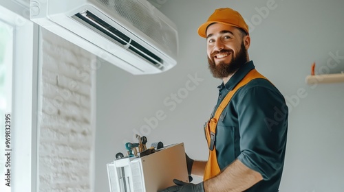 Smiling technician installing air conditioner indoors