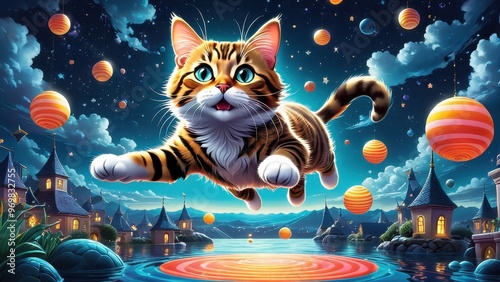 A whimsical scene of a flying cat in a vibrant, dreamlike landscape with colorful orbs. photo