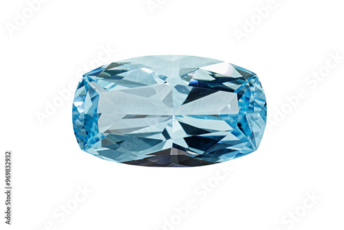 Aquamarine blue faceted oval cut stone mineral macro photography on white isolated background close up