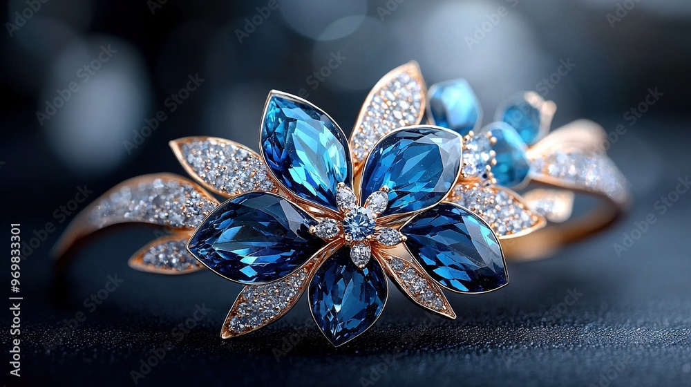 Fototapeta premium A close-up of a ring with blue and white stones and a flower design on its front