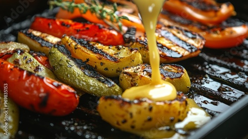 A plate of grilled vegetables with a yellow sauce poured over them