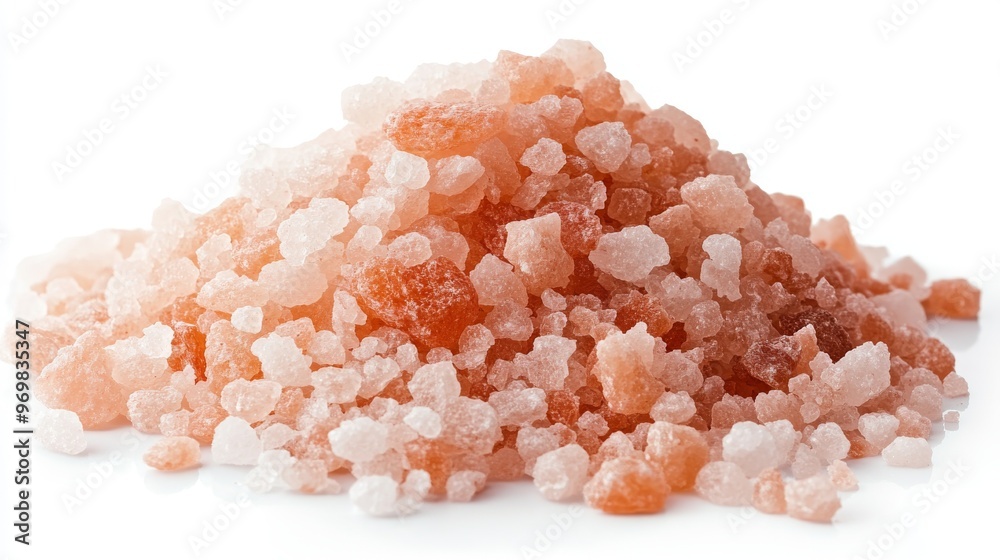 A Close-Up View of Himalayan Pink Salt Crystals Piled up on a White Background A Close-Up View of Himalayan Pink Salt Crystals Piled up on a White Background