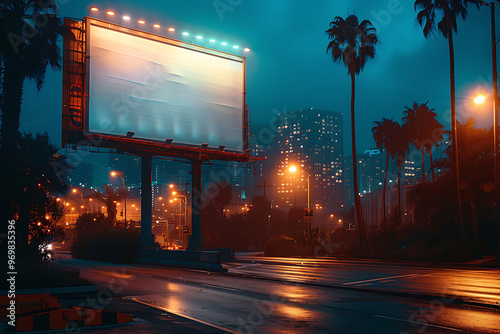 Blank billboard for advertisement in city downtown at night.