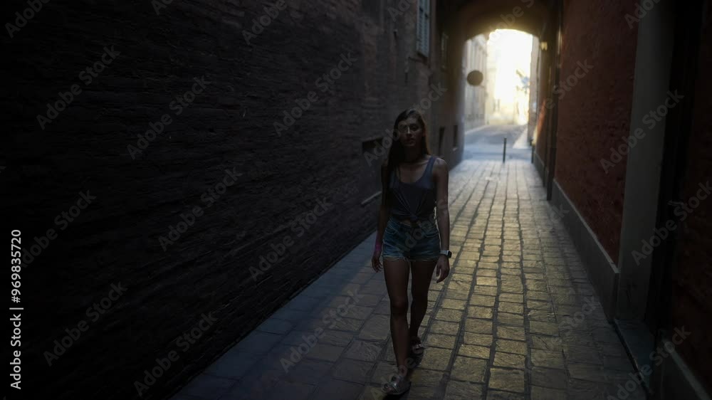 A Young Woman is Strolling Through an Urban Setting While Texting on Her Smartphone A Young Woman is Strolling Through an Urban Setting While Texting on Her Smartphone