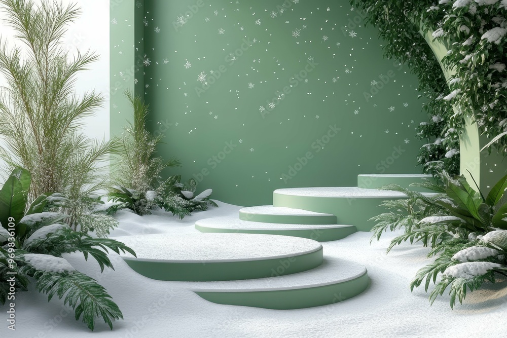 Frozen tundra with snowflakes falling in 3D rendered minimalist style with empty circle podium. Frozen tundra with snowflakes falling in 3D rendered minimalist style with empty circle podium.