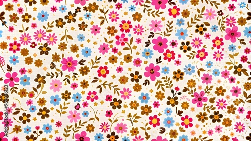 Floral pattern. Pretty flowers on a white background. Printing with small orange, red, and pink flowers. Ditsy print. Spring Bouquet.A white background, red and orange small flowers pattern.