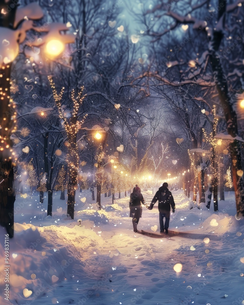A romantic winter evening walk under glowing lights and falling snowflakes, creating a magical atmosphere. A romantic winter evening walk under glowing lights and falling snowflakes, creating a magical atmosphere.