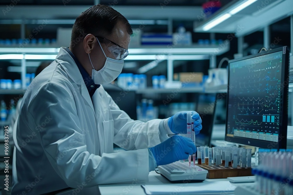 - A close-up shot of a medical scientist in a laboratory analyzing DNA sequences for genetic research and precision medicine. - A close-up shot of a medical scientist in a laboratory analyzing DNA sequences for genetic research and precision medicine.