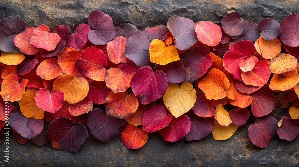 Autumn Leaves Arranged in a Row on Dark Stone Autumn Leaves Arranged in a Row on Dark Stone