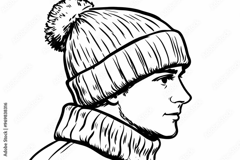 Fototapeta premium Cozy winter hat coloring page for adults, detailed and stylish design.