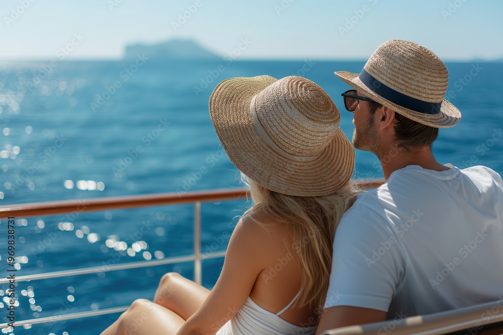 Fototapeta premium Couple relaxing on a sunny outdoor deck, enjoying the ocean view and each other\'s company near a serene island