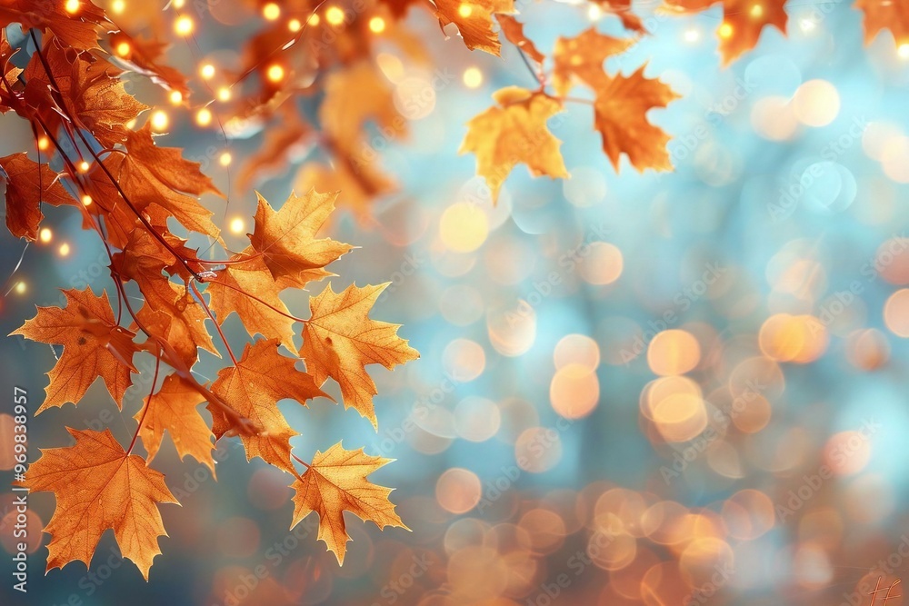 close-up shot of glimmering fall foliage, with a focus on abstract bokeh lights in the background. close-up shot of glimmering fall foliage, with a focus on abstract bokeh lights in the background.