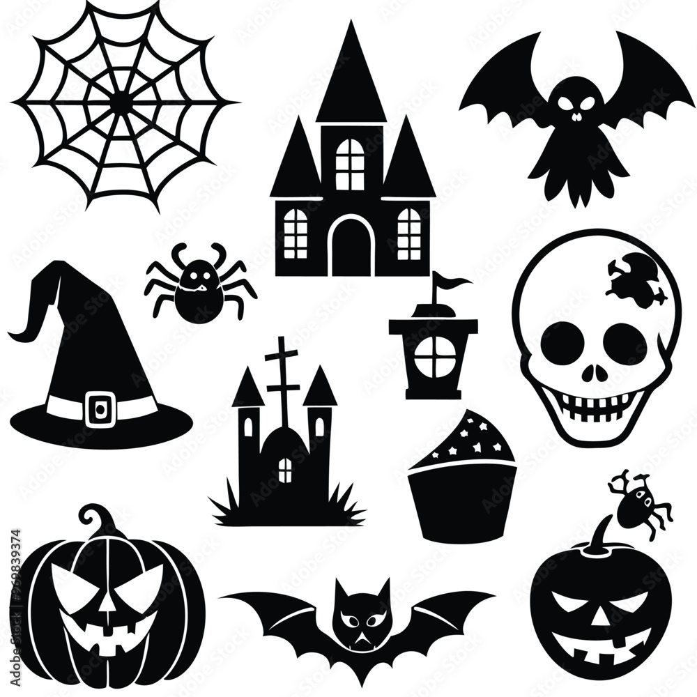 Obraz premium Gothic halloween sticker pack made up of pumpkins, bats, cats, crow, skull, ghosts, graves, spider, web and broom. Different holiday stickers as prints, patterns for graphic or fashion design
