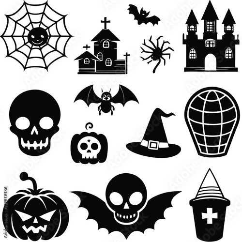 Gothic halloween sticker pack made up of pumpkins, bats, cats, crow, skull, ghosts, graves, spider, web and broom. Different holiday stickers as prints, patterns for graphic or fashion design