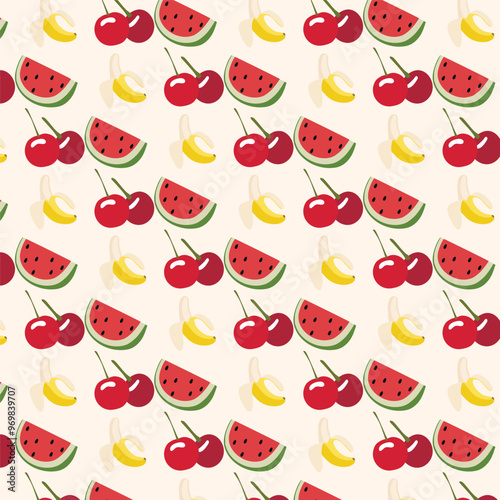 Seamless pattern with red cherry watermelon and banana 