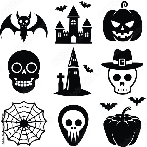 Gothic halloween sticker pack made up of pumpkins, bats, cats, crow, skull, ghosts, graves, spider, web and broom. Different holiday stickers as prints, patterns for graphic or fashion design