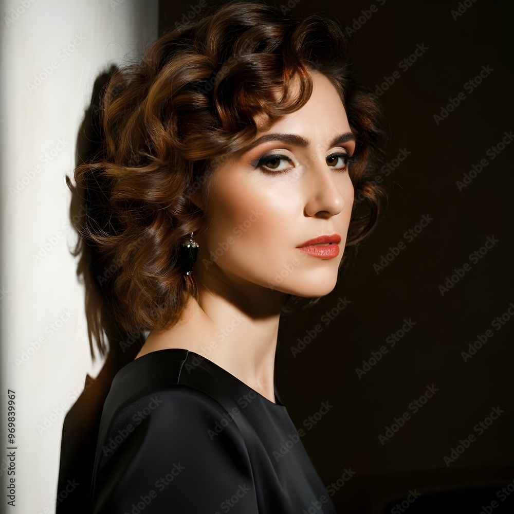 Glamour female model with short brown hair in black dress posing near light wall Glamour female model with short brown hair in black dress posing near light wall