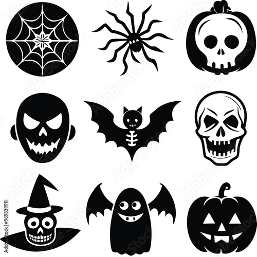 Gothic halloween sticker pack made up of pumpkins, bats, cats, crow, skull, ghosts, graves, spider, web and broom. Different holiday stickers as prints, patterns for graphic or fashion design