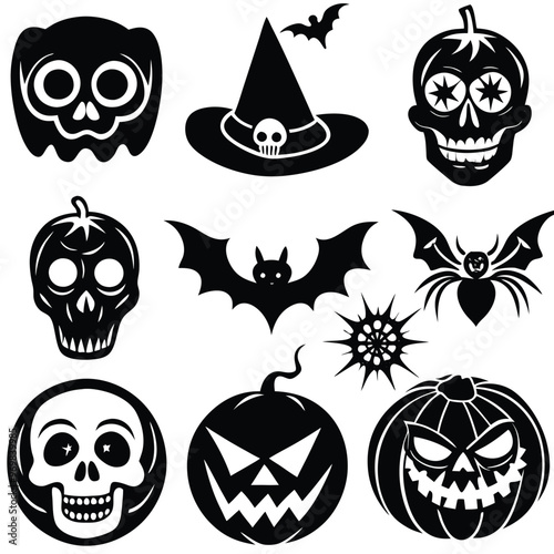 Gothic halloween sticker pack made up of pumpkins, bats, cats, crow, skull, ghosts, graves, spider, web and broom. Different holiday stickers as prints, patterns for graphic or fashion design