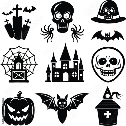 Gothic halloween sticker pack made up of pumpkins, bats, cats, crow, skull, ghosts, graves, spider, web and broom. Different holiday stickers as prints, patterns for graphic or fashion design