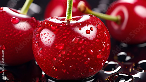 Fresh cherry with Water Drops Wallpaper	
