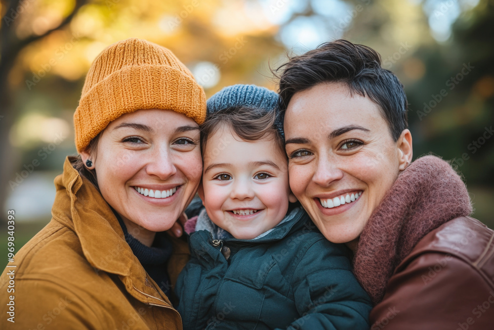 Two mothers are embracing their child and smiling in an autumnal park Two mothers are embracing their child and smiling in an autumnal park